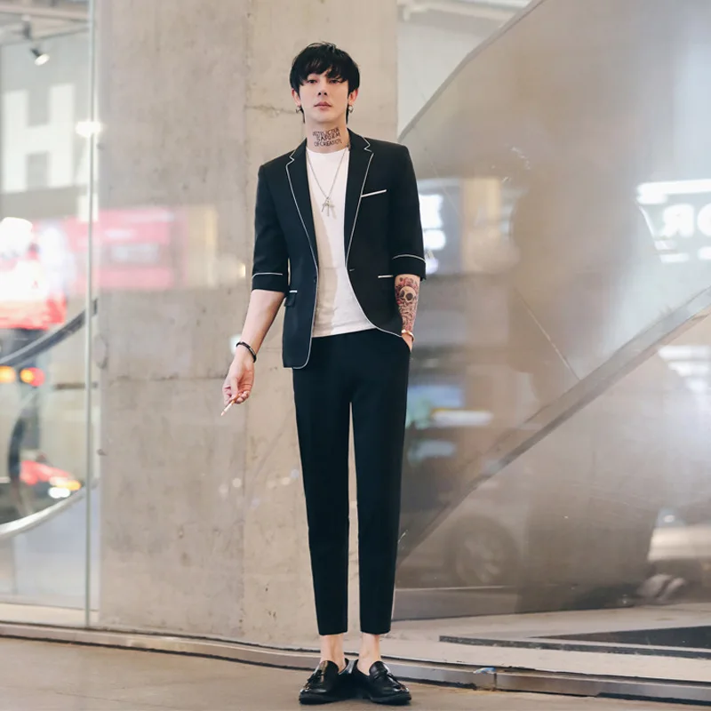 black Для мужчин костюмы Slim Fit Комплект из 2 предметов костюм Homme белый черный костюм свадебные смокинги для жениха Для мужчин с коротким рукавом деловая Выпускной костюм Terno - Цвет: black