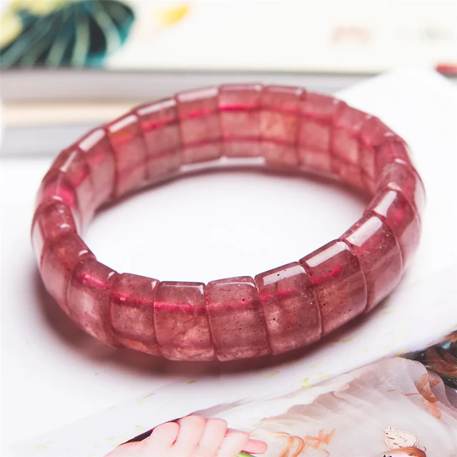 Genuine Natural Red Strawberry Quartz Crystal Rectangle Beads Jewelry Women Charm Stretch Bracelet 15*8*10mm