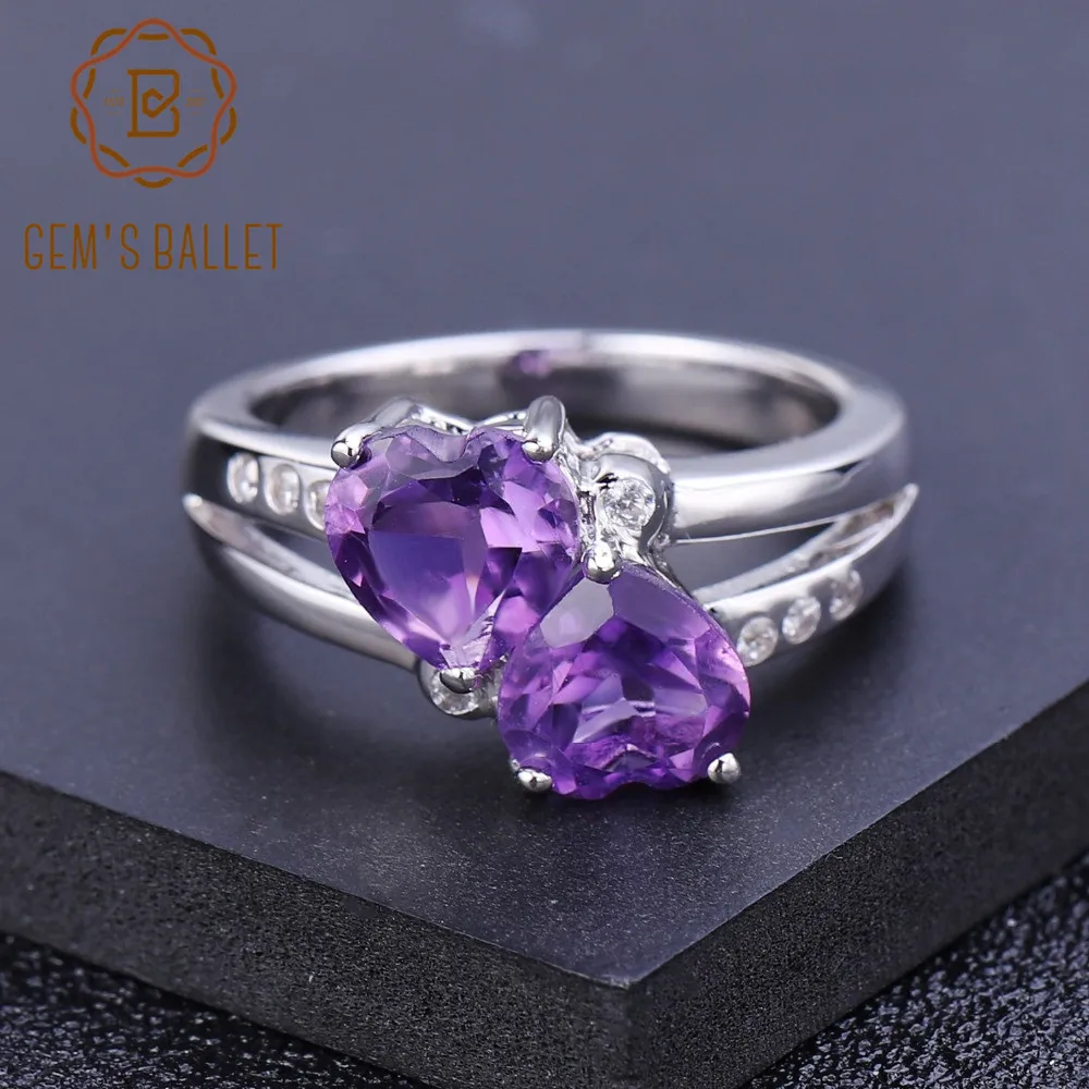 GEM'S балетное 925 пробы Серебряное двойное кольцо с сердечками любви 2.39Ct натуральный аметистовый драгоченный камень кольца для женщин ювелирные изделия
