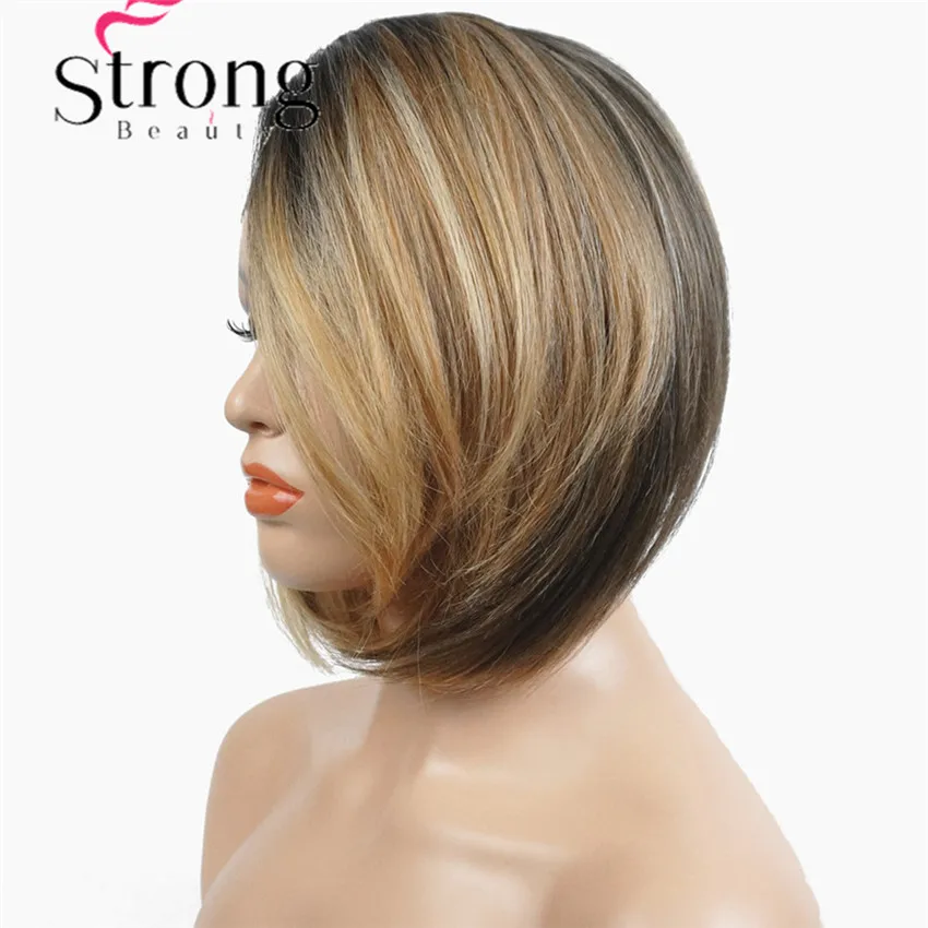 StrongBeauty боб парик на кружеве с L часть парик на шнурке Омбре блонд черный корень ручная вязка невидимые Синтетические прямые парики
