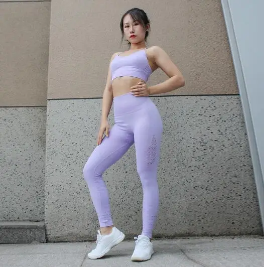 Purple Женский комплект для фитнеса и йоги, эластичный бесшовный спортивный костюм, спортивный бюстгальтер с мягкими чашечками, топ с высокой талией, спортивные Леггинсы, спортивная одежда для спортзала и тренировок - Цвет: Purple