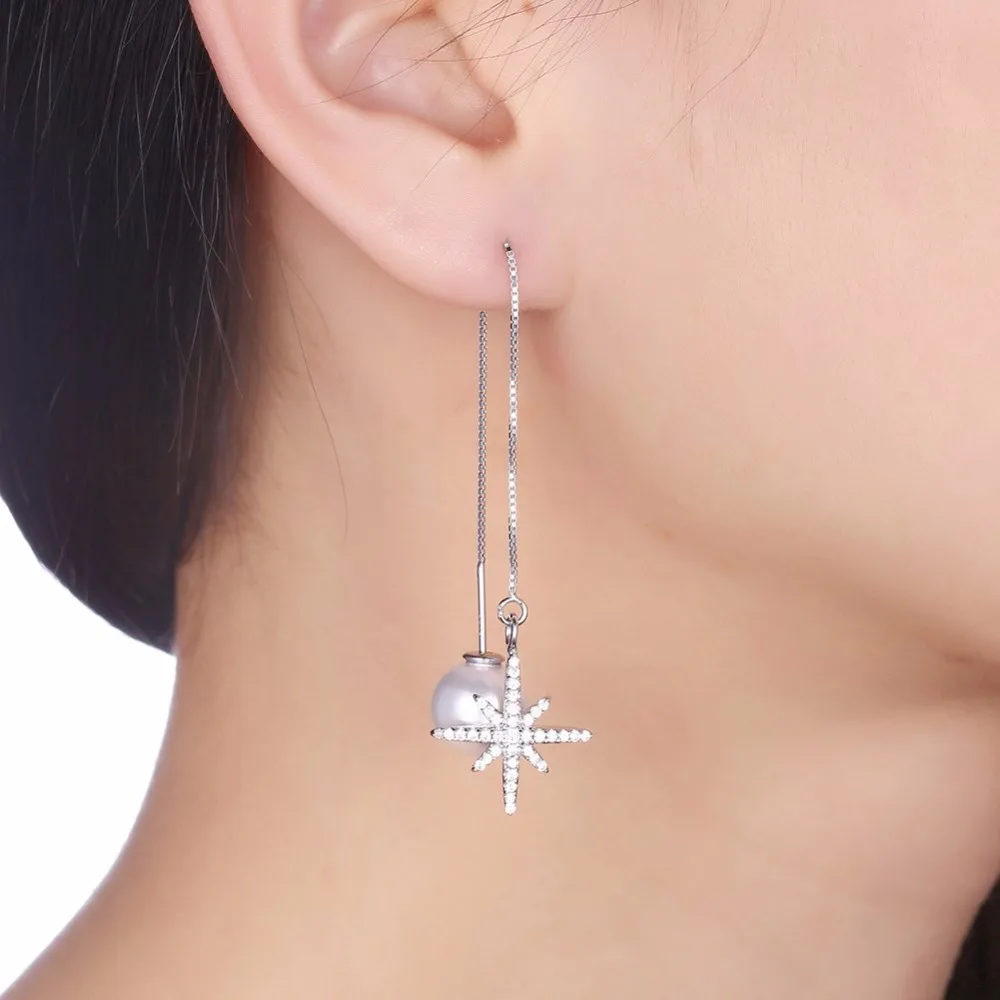 CICI WARREN Fine Jewelry 100% 925 Sterling Silver Drop Earrings Shiny Star With Pearl AAA+ Zircon Gift For Women CWE006 | Украшения и