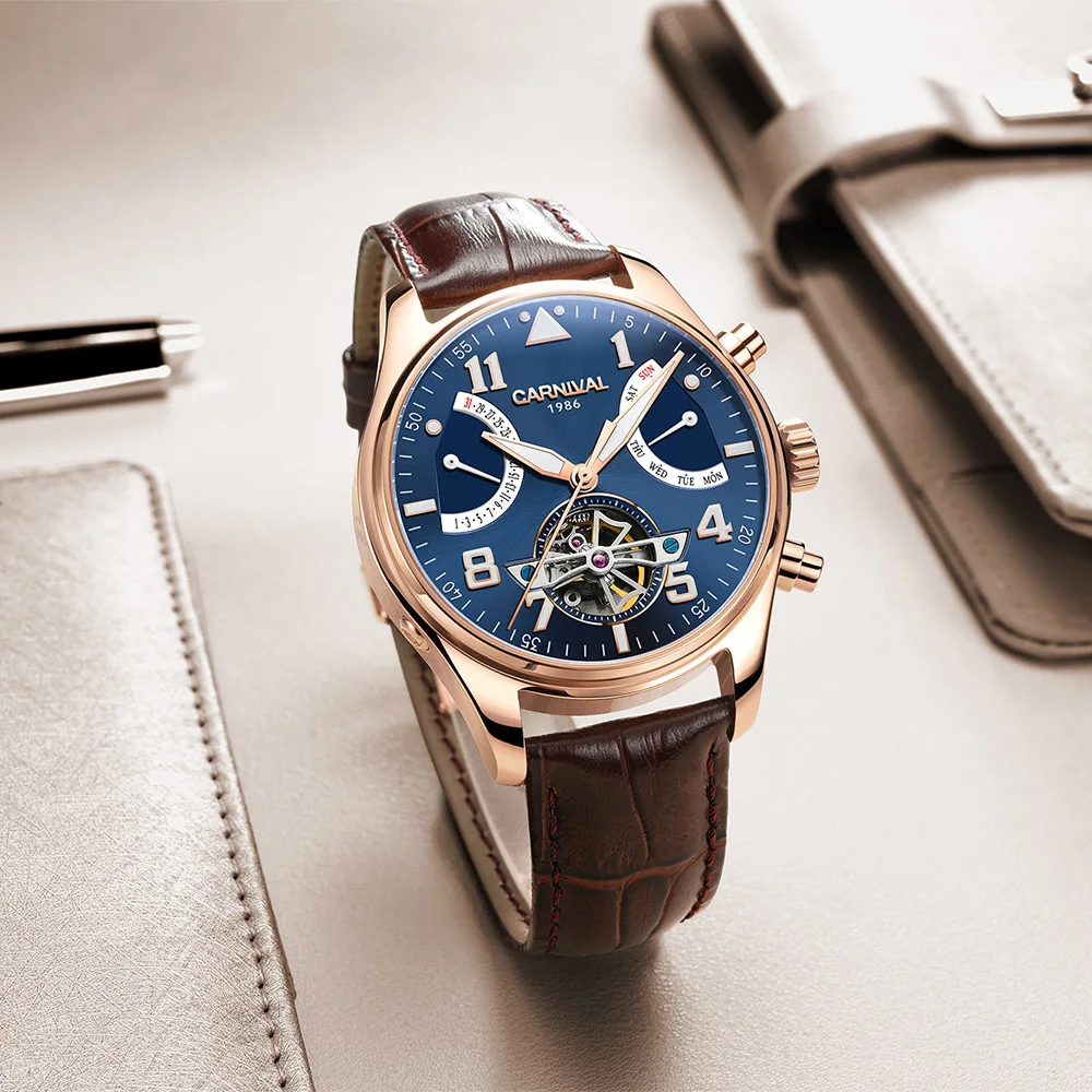 Часы мужские механические с турбийоном розовое золото синие циферблаты