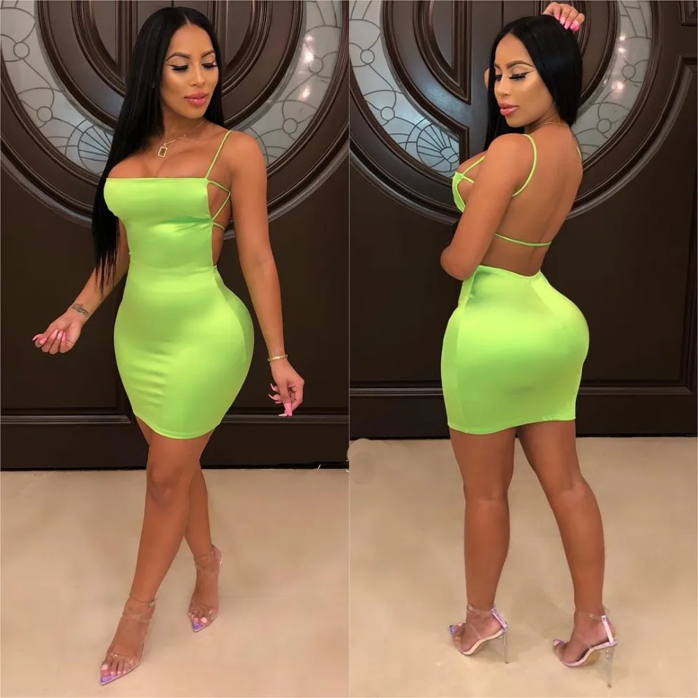 Echoine Sexy Spaghetti Straps Solid Color Low Cut Dress Bandage Backless Bodycon Clubwear Outfits Summer Ladies 2019 | Женская одежда