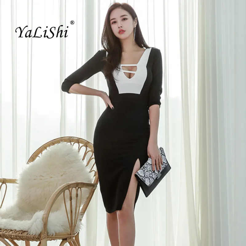 

Plus Size Pencil Dress 2018 Spring Women Black Patchwork Half Sleeve V-neck Knee-length Vintage Party Dress Sexy Club Dresses