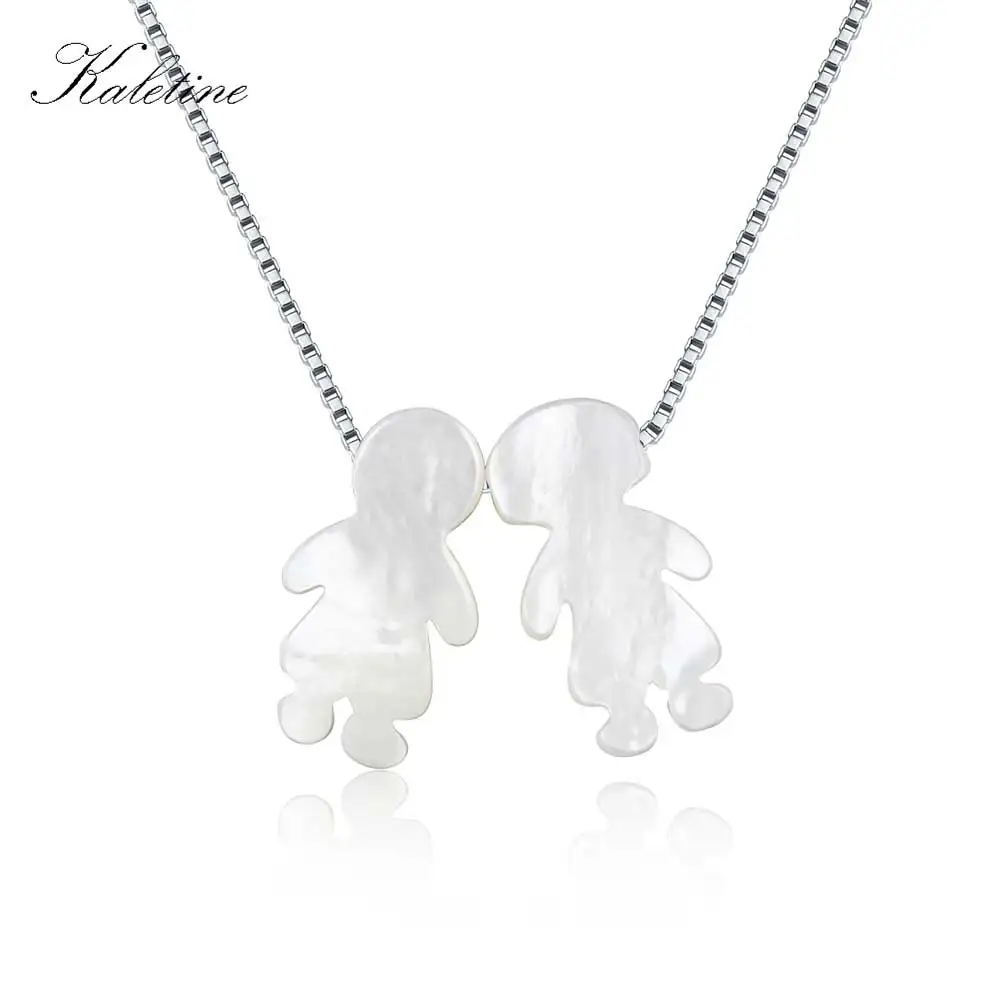 Genuine 925 Sterling Silver Mother of Pearl Shell Boy and Girl Pendant Necklace