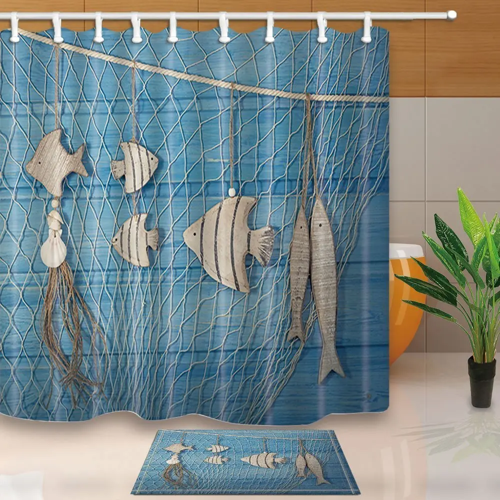 Декор океана Морской жизни рыбы и рыболовные сети против голубой Деревянный