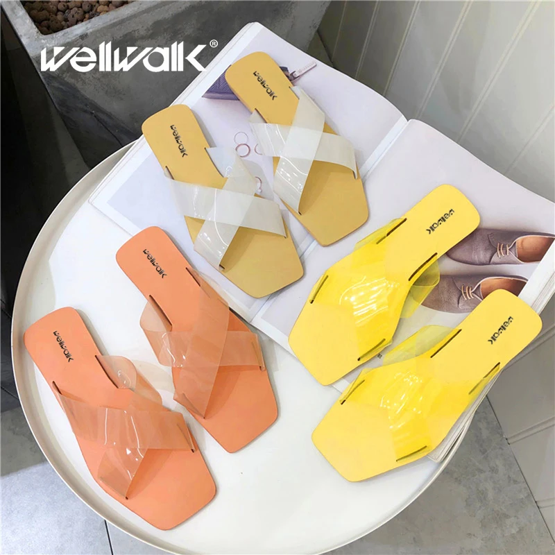 Wellwalk Для женщин кросс тапочки с шнурками женские прозрачные плоские шлепанцы без