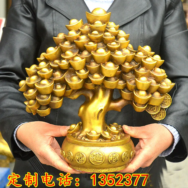 

TOP GOOD HOME lobby office Shop Company FENG SHUI Money Drawing Talisman Good luck Gold ingot Money tree brass statue 29CM