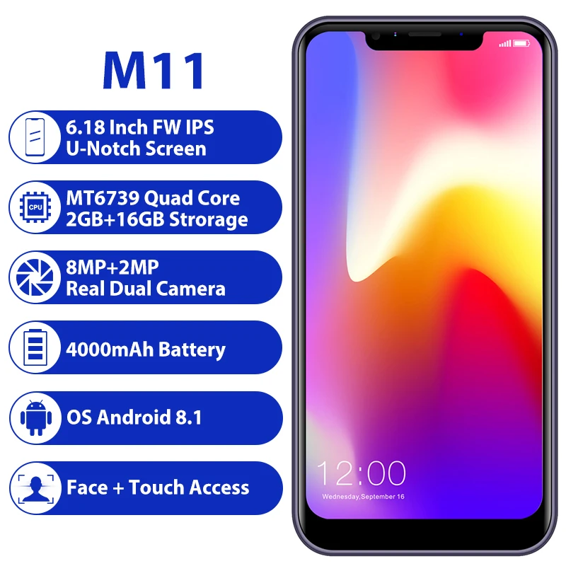 LEAGOO M11 смартфон с четырёхъядерным процессором MTK6739 ОЗУ 2 Гб ПЗУ 16 Android 8 1 6 18 дюйма 4000