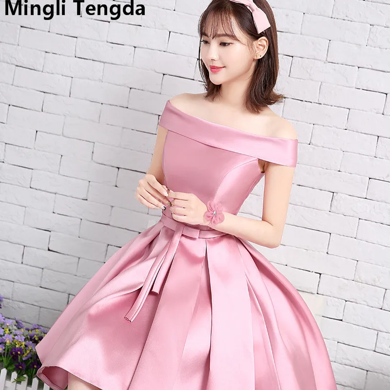 Розовый Mingli Tengda розовые короткие платья для невесты вырез лодочкой, для подружки невесты платье Плюс Размер Новая Свадебная вечеринка недорогое платье для выпускного вечера - Цвет: Розовый