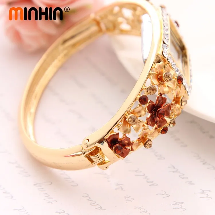 Часы MINHIN Brilliant, 5 цветов, браслет для женщин, золотой цвет, Хрустальный цветок, дизайн, Браслет-манжета, кварцевые часы, повседневные наручные часы