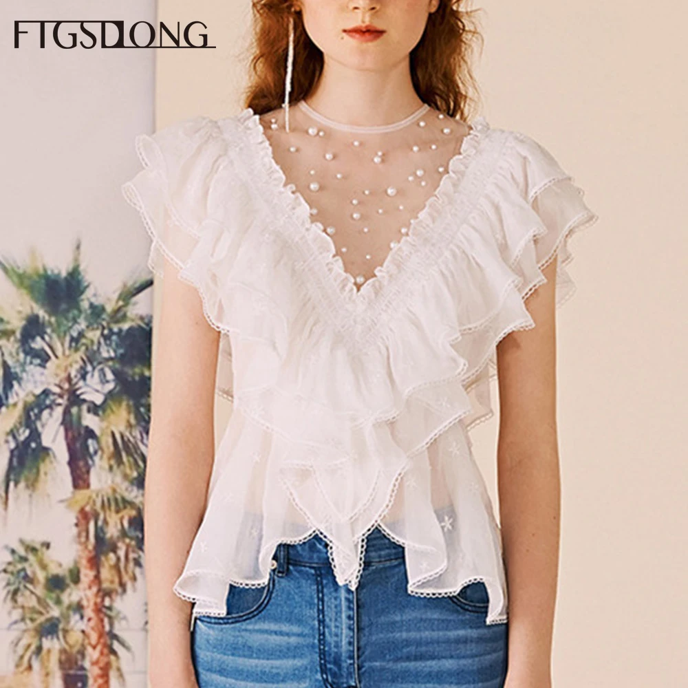 Женская блузка с круглым вырезом FTGSDLONG белая кружевная шифоновая длинными