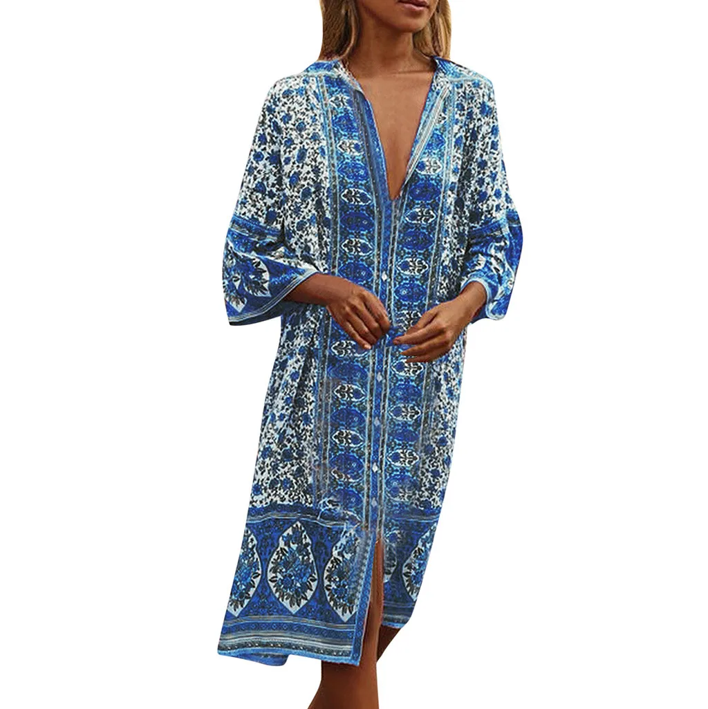 Платье женское с цветочным принтом 2019 Новое поступление летнее Bohe Button Down Flare