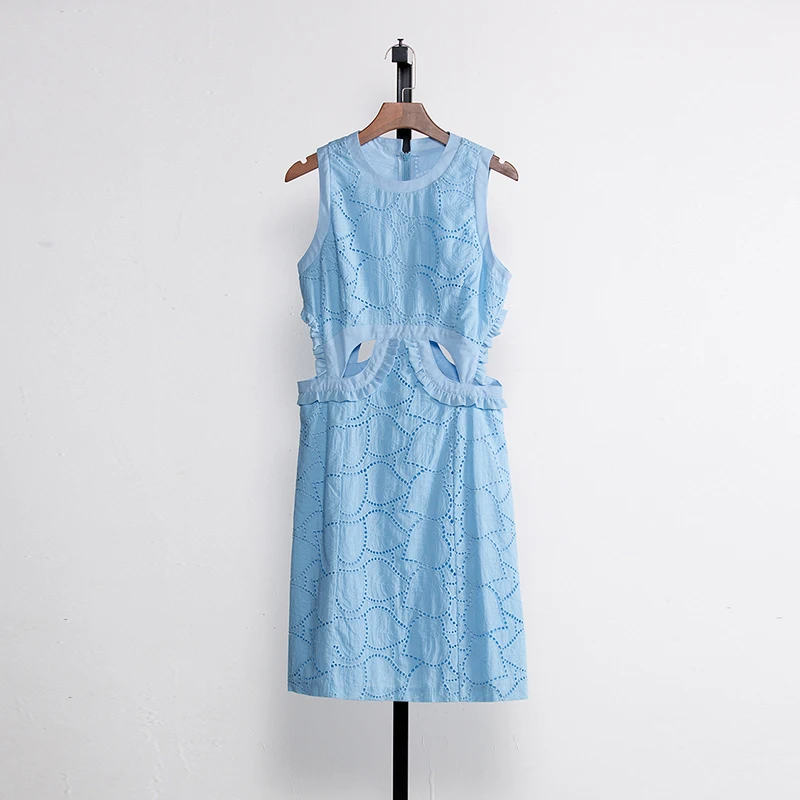 Brief Mini Dresses 2017 Summer Fashion Sky Blue / White Black Hollow Out Sleeveless Pretty Female Slim Top Grade Dress | Женская одежда