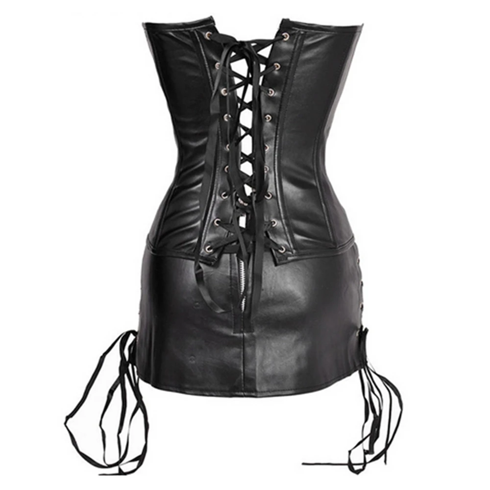 Искусственная кожа Стимпанк Overbust корсет талии Cincher Бюстье молния назад Sexy PU