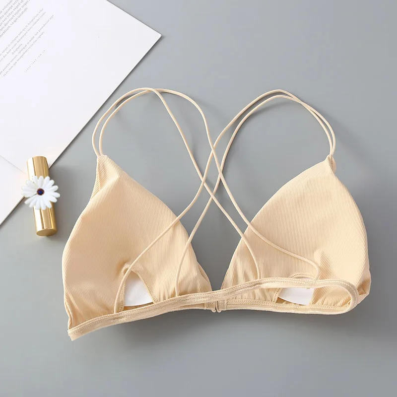 Seamless Women Bras Push Up Ice Slik Front Closure Beauty Back Cross Spaghetti Strap Solid Color Bralette Lingerie | Женская одежда