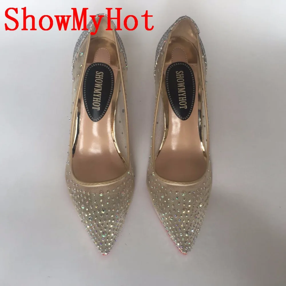 ShowMyHot/блестящие женские туфли на высоком каблуке; туфли на шпильке с красным блеском; пикантные туфли-лодочки с острым носком на высоком каблуке; женская обувь со стразами