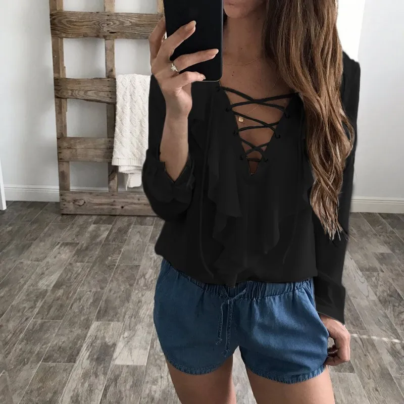 Sexy Top Women Chiffon Blouse 2018 Celmia Summer Autumn Lace Up V Neck Ruffles Long Sleeve Shirt Casual Plus Size Blusa Feminina |