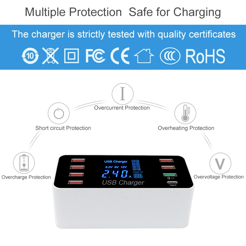 Быстрое зарядное устройство Leebote QC 3 0 с несколькими USB портами и дисплеем для