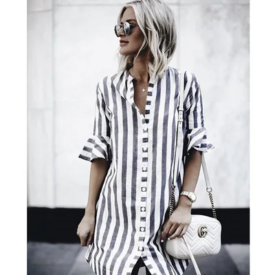 Summer Women Blouses Horn Sleeve Striped Half Tops Long Girl Blouse Ladies Trumpet Sleeves Female Shirt Top | Женская одежда