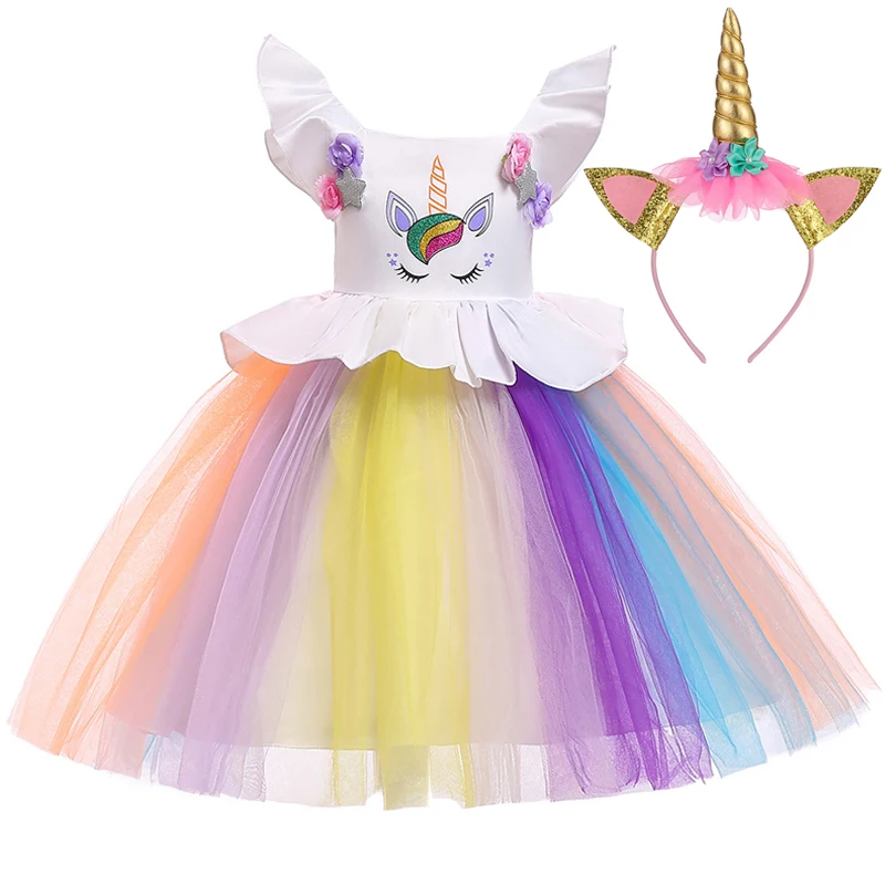 2020 Baby Girls Unicorn Dress Princess Kids Dresses For Costume Wedding Party Ball Gown Children Clothing 1 2 5 Year | Детская одежда и
