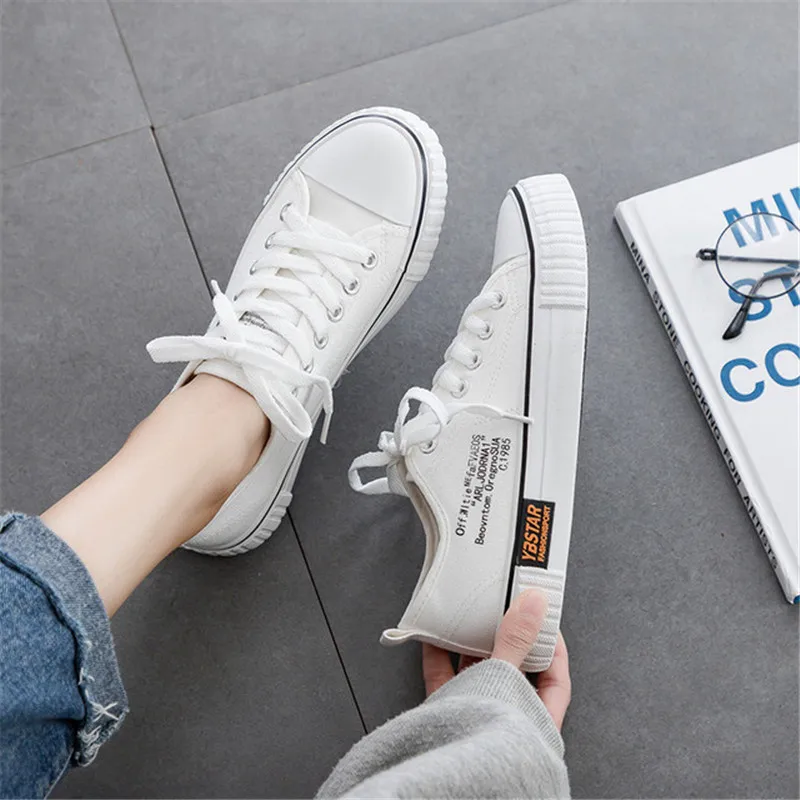 

New 2019 Spring Summer Women Canvas Shoes flat sneakers women casual shoes Girl shoes ow upper lace up white Vulcanized shoes