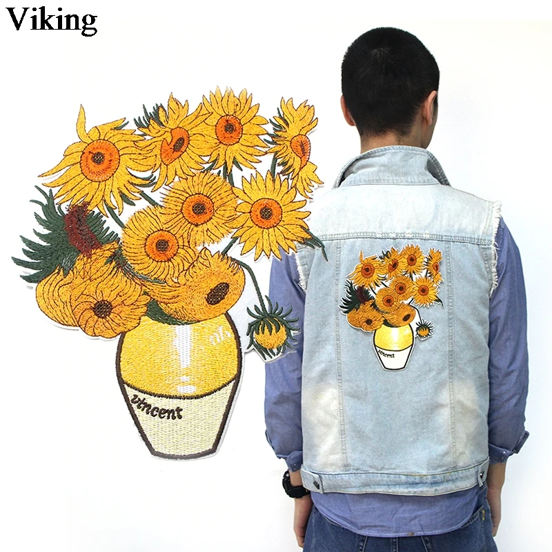 

Van gogh's Sunflowers Big Patches Iron On Patches For Clothing Embroidered Stripe On Clothes DIY Sequin Applique Badge G0031