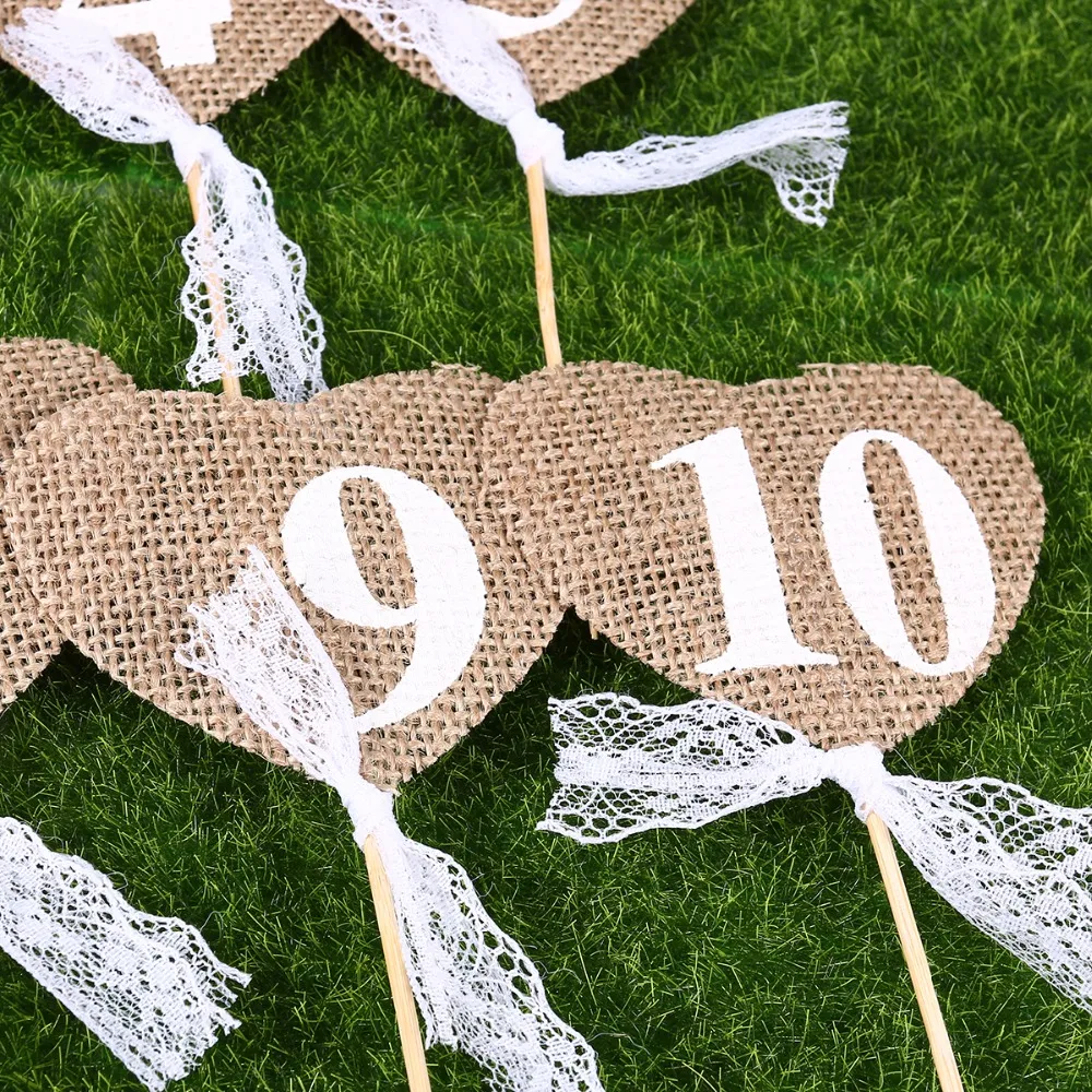 1-10 и 11-20 баннеры в форме сердца, свадебные настольные карты из джутовой мешковины, настольные карты, настольные номера, винтажные Свадебные украшения