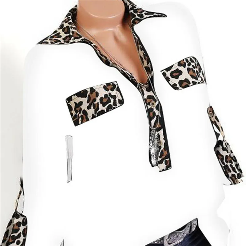 

Women Long Sleeve Blouse 2019 Summer Leopard Print Loose OL Work Tops Shirt Lady Plain Casual Patchwork Turn Down Collar Blouse