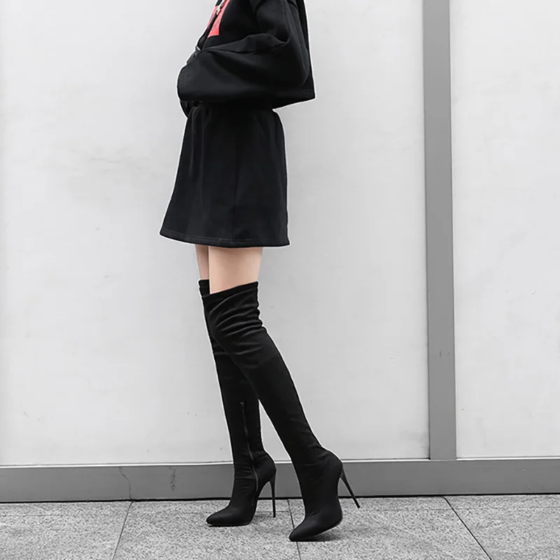 Black Flock Новые модные зимние женские сапоги до бедра черного и серого цвета женские свадебные туфли на шпильке Большие размеры 10, 43, 45, 48, S873 - Цвет: Black Flock