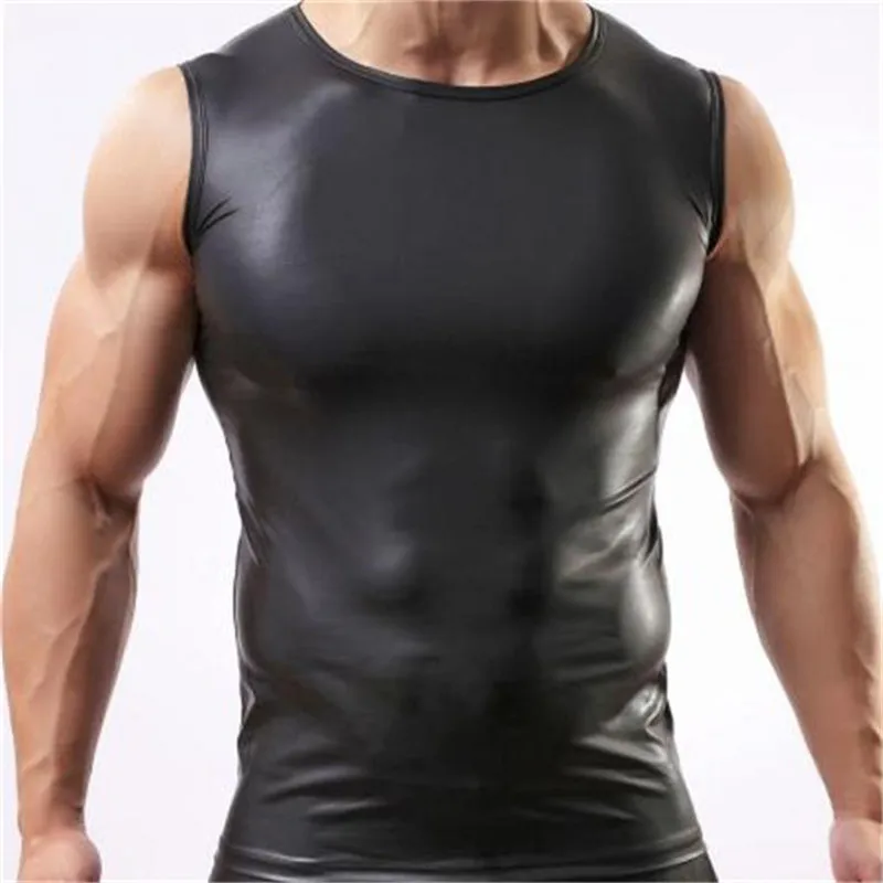 Black Color Vest Men Sexy Vest Faux Leather Solid Male Tank Tops Underwear Slim Wear Men's Sleeveless Singlet Vest
