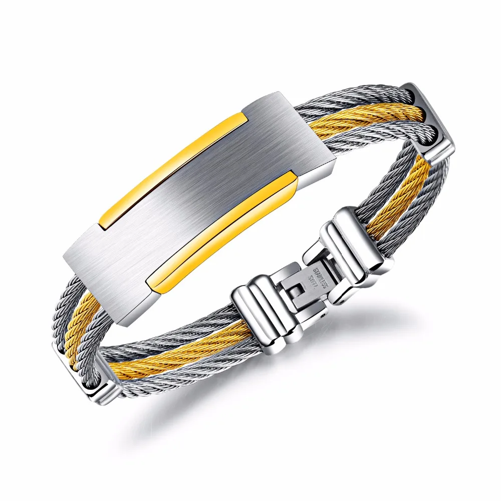 Fashion street three rows of steel wire gold men bracelet high quality titanium steel. | Украшения и аксессуары