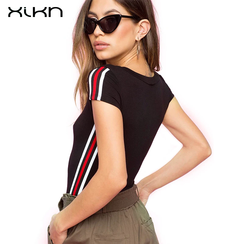 XIKN летние топы для женщин 2018 bodycon рубашка женские короткий рукав o-образным
