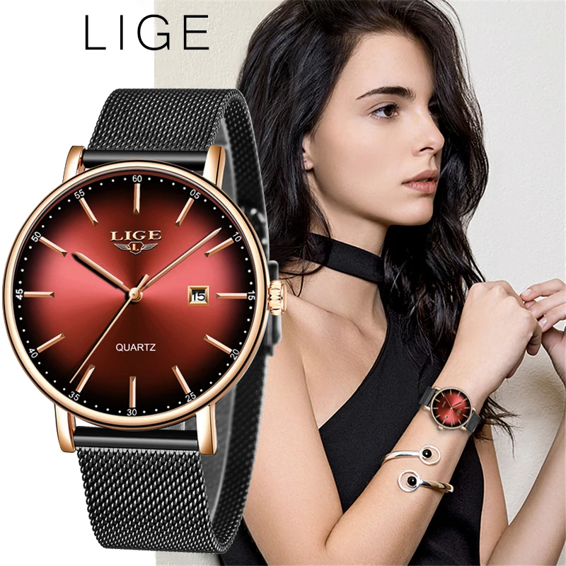 

LIGE женские часы лучший бренд класса люкс, женские ультратонкие часы с сетчатым ремешком, креативные водонепроницаемые кварцевые часы с кра...