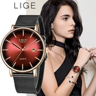 LIGE женские часы лучший бренд класса люкс, женские ультратонкие часы с сетчатым ремешком, креативные водонепроницаемые кварцевые часы с красным циферблатом