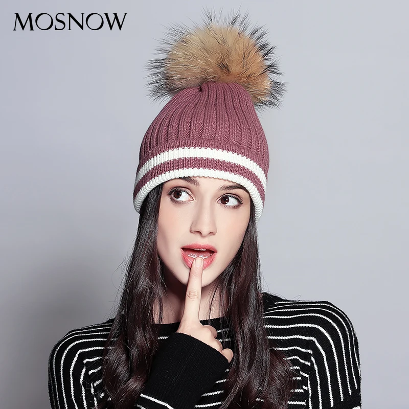 Beanies Лоскутные элегантные шерстяные вязанные шапки высокого качества помпон из меха енота Новая модная шапка Femme# MZ731
