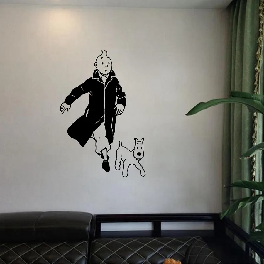 Tintin с собакой мультяшный винил стикер на стену детская комната настенные художественные настенные наклейки Tintin виниловый постер Настенный декор