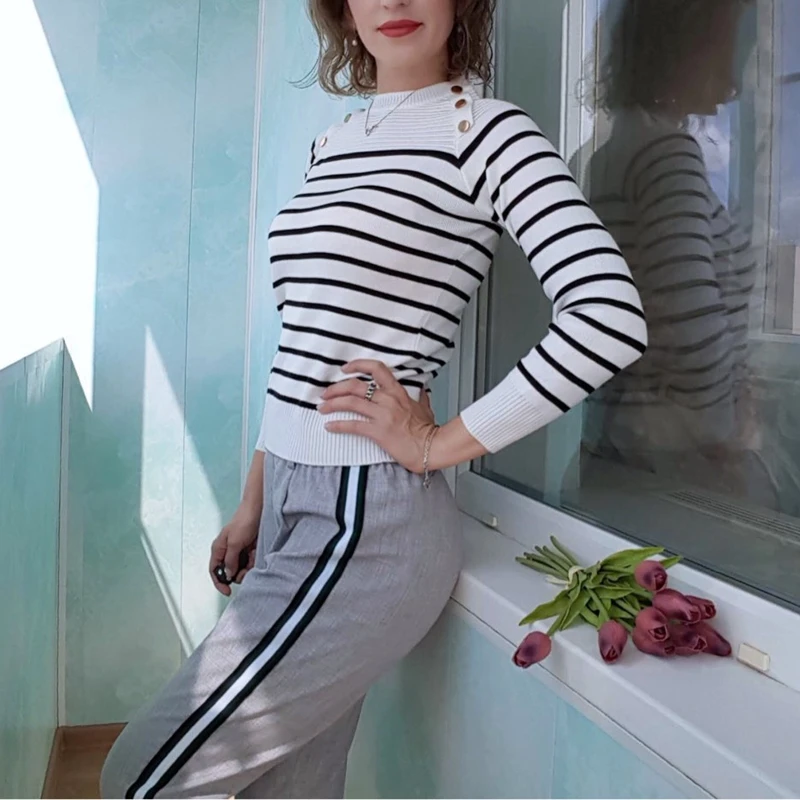 New Autumn Winter Women Pullover Sweater Fashion Striped Designer Casual Jumper O-Neck Long Sleeves Female | Женская одежда