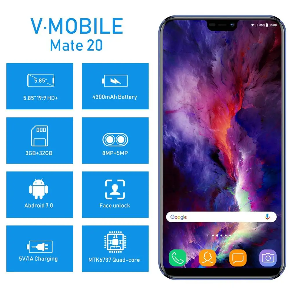 TEENO VMobile Mate 20 мобильный телефон Android 7 0 3 ГБ + 32 отпечаток пальца ID 5 84 "19:9 HD экран 4G