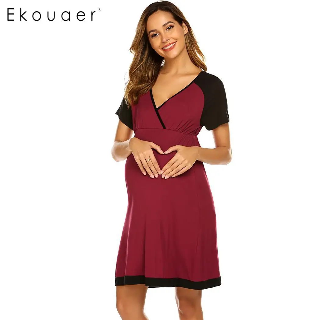 wine red Ekouaer повседневное летнее Ночное платье Удобная Ночная сорочка с короткими рукавами и v-образным вырезом Ночная сорочка женские ночные рубашки - Цвет: wine red