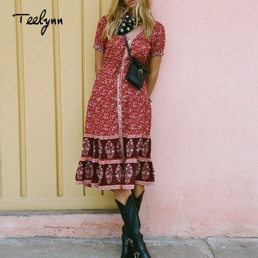 TEELYNN boho платье 2018 осень вискоза красный цветочный принт Длинные платья с коротким