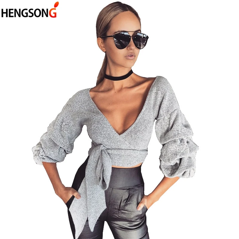 Сексуальный крест накрест бандажный Топ для женщин с длинным пышным рукавом v