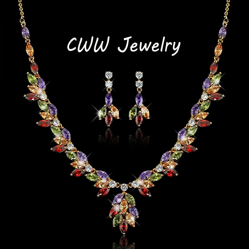 

CWWZircons Beautiful In Colors Top Quality CZ Crystal Big Drop Flower Necklace Earrings Jewelry Sets For Women Gift T069