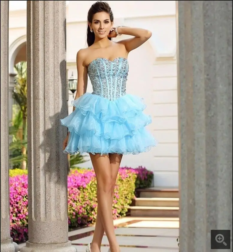 2017 платье для выпускного со стразами небесно голубое многослойное короткий