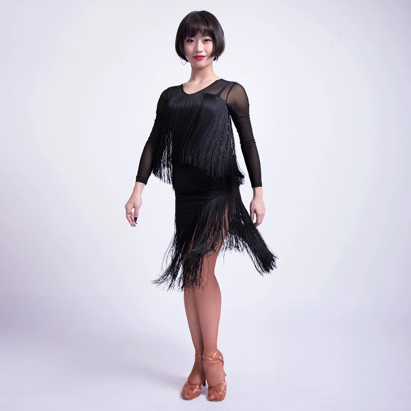 Латинское танцевальное платье женское черное леопардовое Сетчатое с кисточками