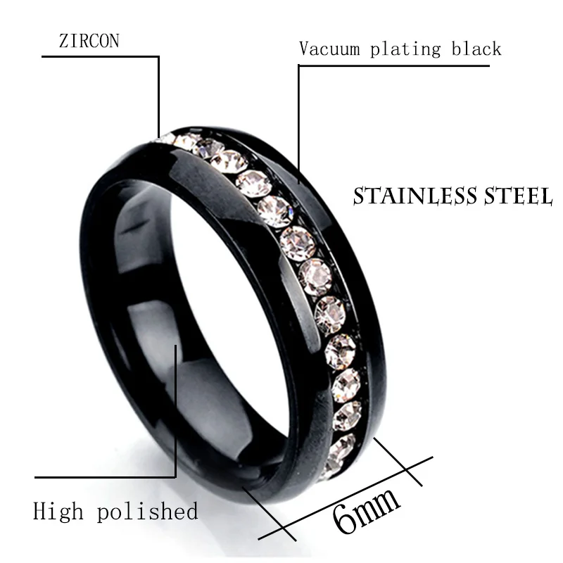 Свадебное черное однорядное кольцо средней длины из нержавеющей стали с