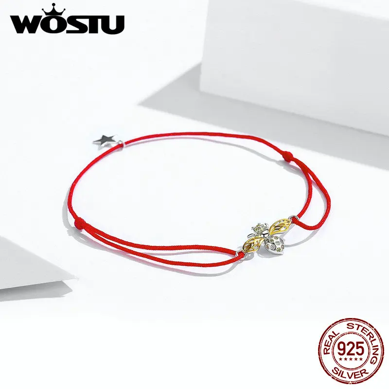 WOSTU Лидер продаж Аутентичные 925 пробы Серебряный Красный веревочный пчелиный браслет для женщин означает удачу каждый день ювелирные изделия подарок CQB156