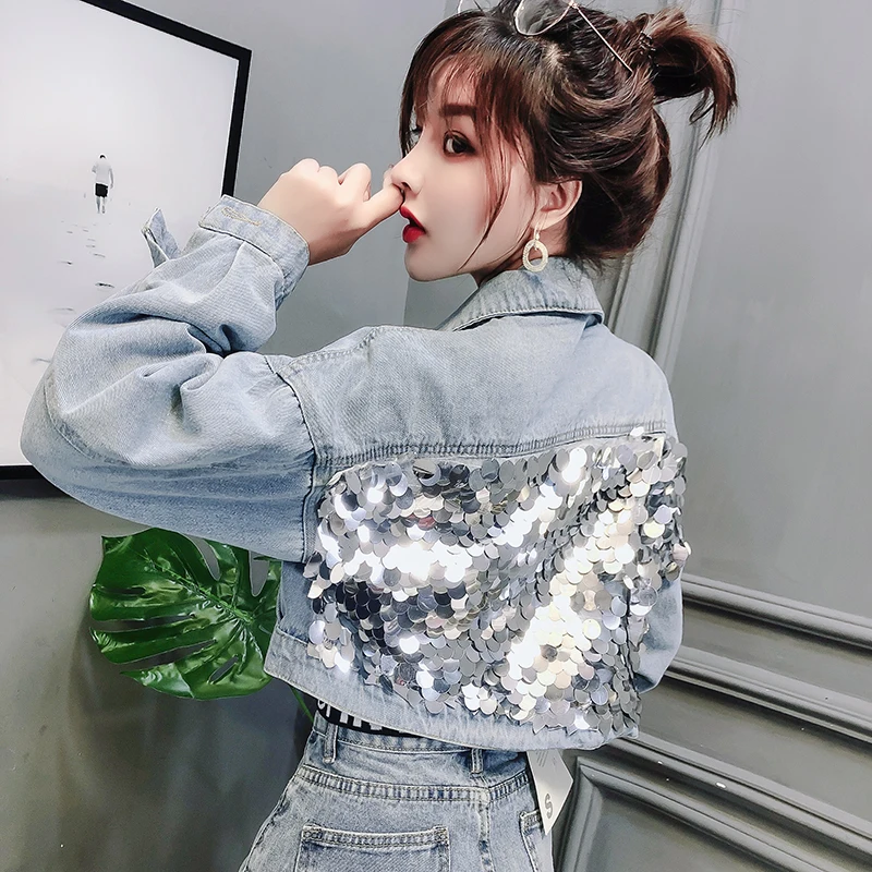 Новое Женское джинсовое пальто Jaket куртки с блестками на весну и осень