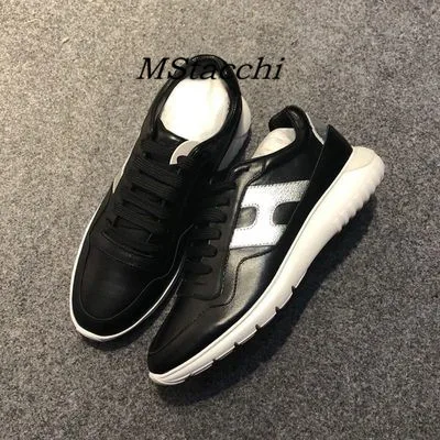 black white H Mcacchi/женские кроссовки из коровьей кожи с блестками; женская повседневная обувь на шнуровке, визуально увеличивающая рост; женские разноцветные кроссовки на не сужающемся книзу массивном каблуке - Цвет: black white H